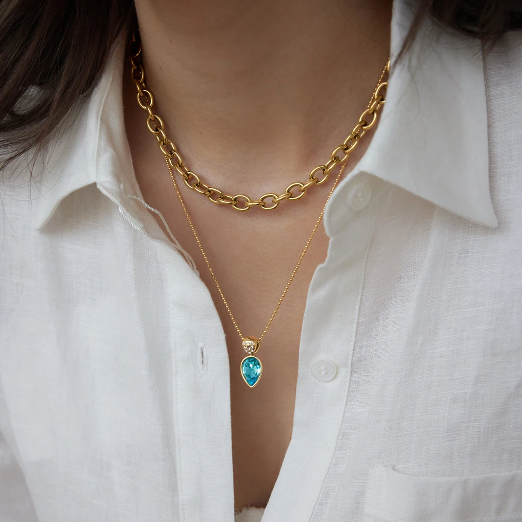 KIKA Elegant Multicolor Geometric Crystal Pendant Necklace PVD 18K Gold Plated Stainless Steel 316L