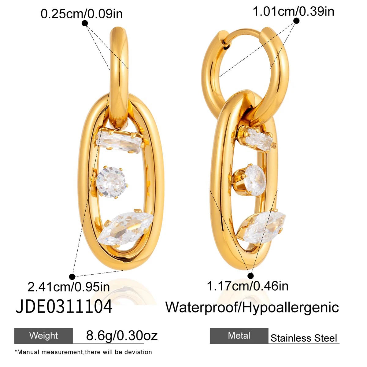 KIKA Classic 18K PVD Plated Gold Color Stainless Steel 316L Geometric Double Ring Earrings With White Zircon Women Waterproof Jewelry
