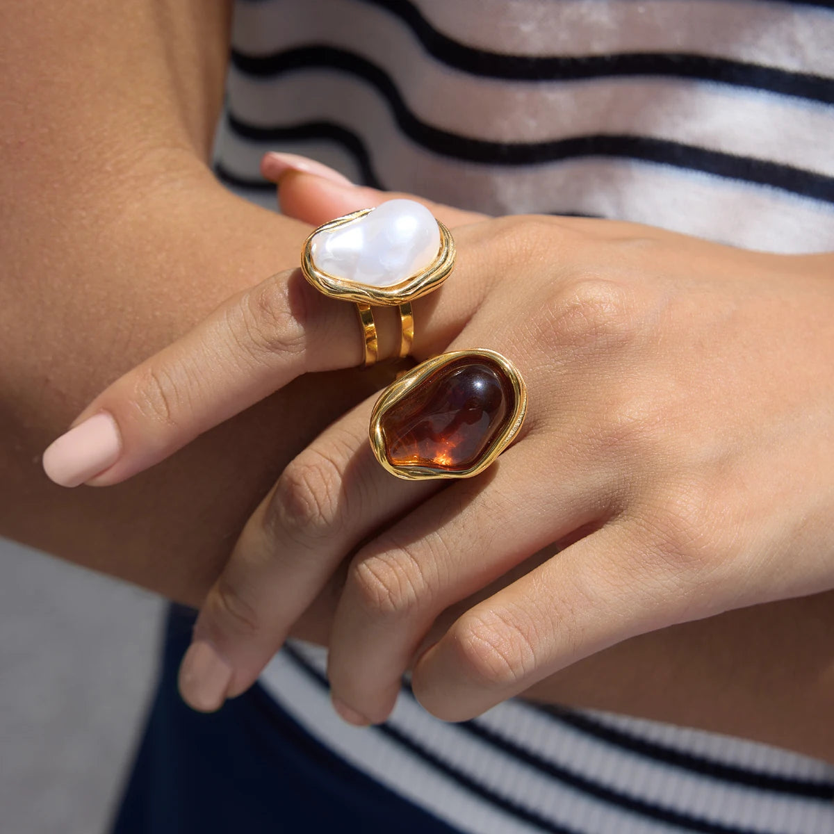 KIKA Chunky Imitation Baroque Pearl Resin Open Rings For Women 18K Gold PVD Plated Stainless Steel 316L