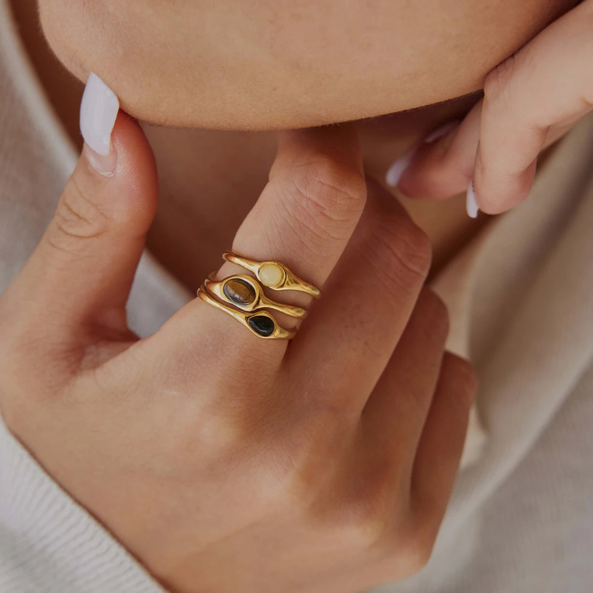 KIKA Vintage Black Agate Tiger Eye Natural Stone Open Rings For Women 18K Gold Plated Stainless Steel Rings Fashion Jewelry