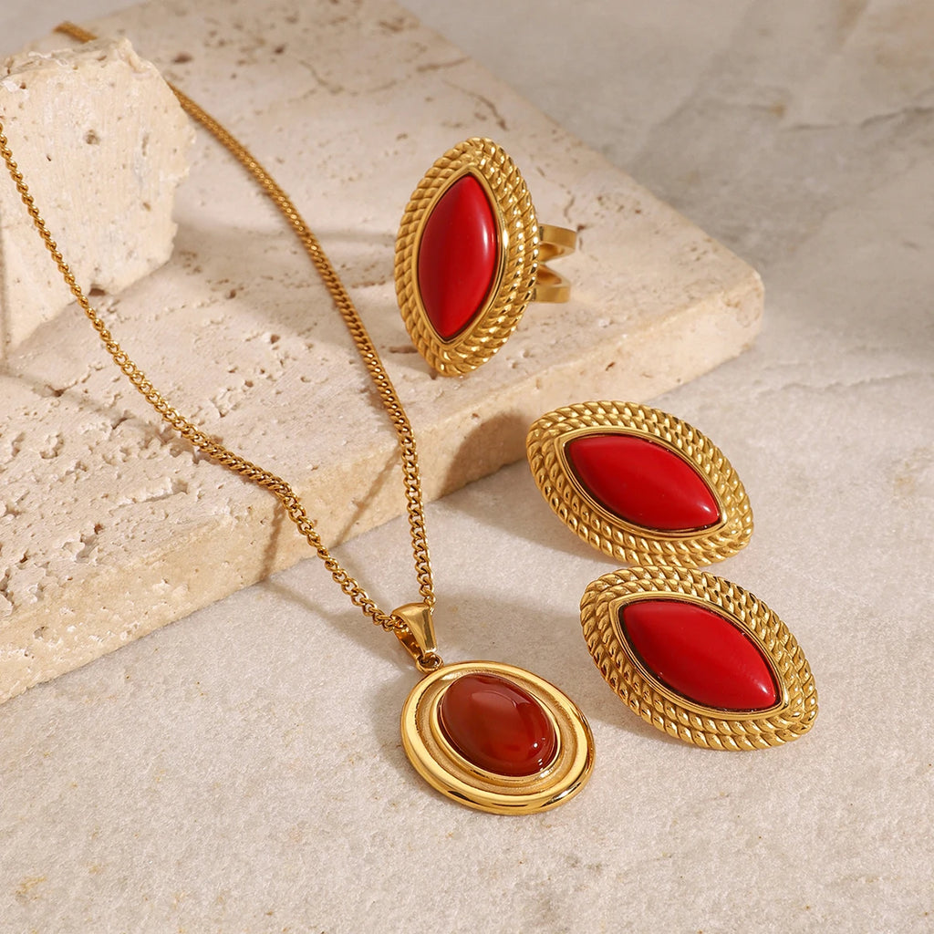 Kika New Year Christmas Red Horse Eye Earrings Devil's Eye Ring Round Pendant Necklace Women's Accessories Gift for Her