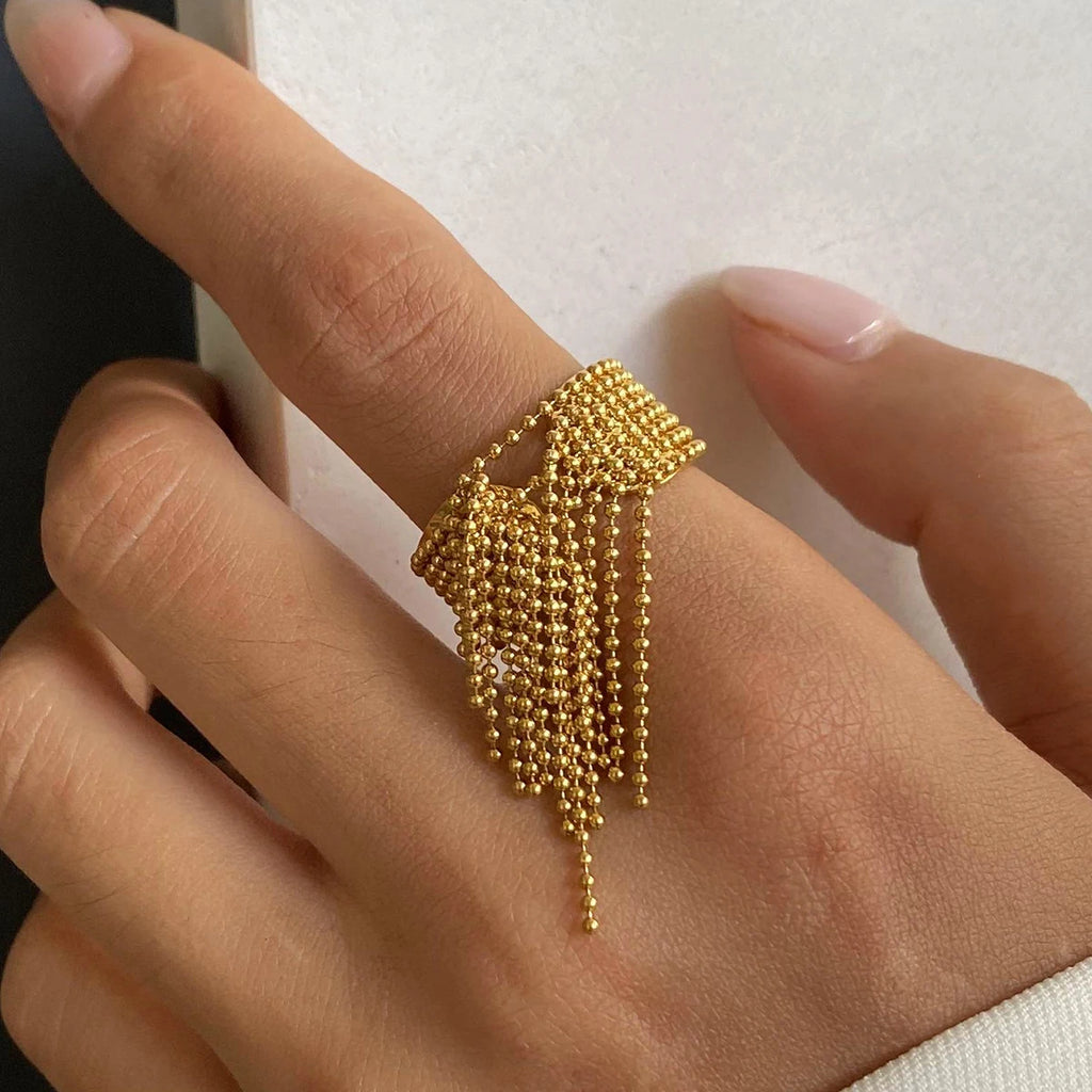 Kika 316L Statement Stainless Steel Chain Tassel Finger Ring Adjustable 18K PVD Plated High Quality Charm Stylish Golden Jewel