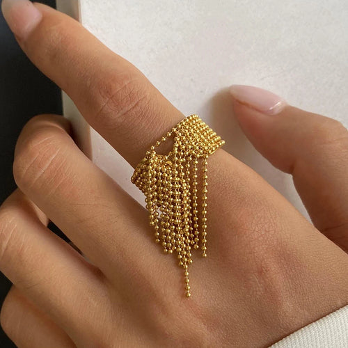 Kika 316L Statement Stainless Steel Chain Tassel Finger Ring Adjustable 18K PVD Plated High Quality Charm Stylish Golden Jewel