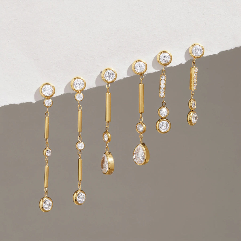 KIKA Elegant Geometric Zircon Long Drop Earrings 18K Gold Plated Stainless Steel 316L