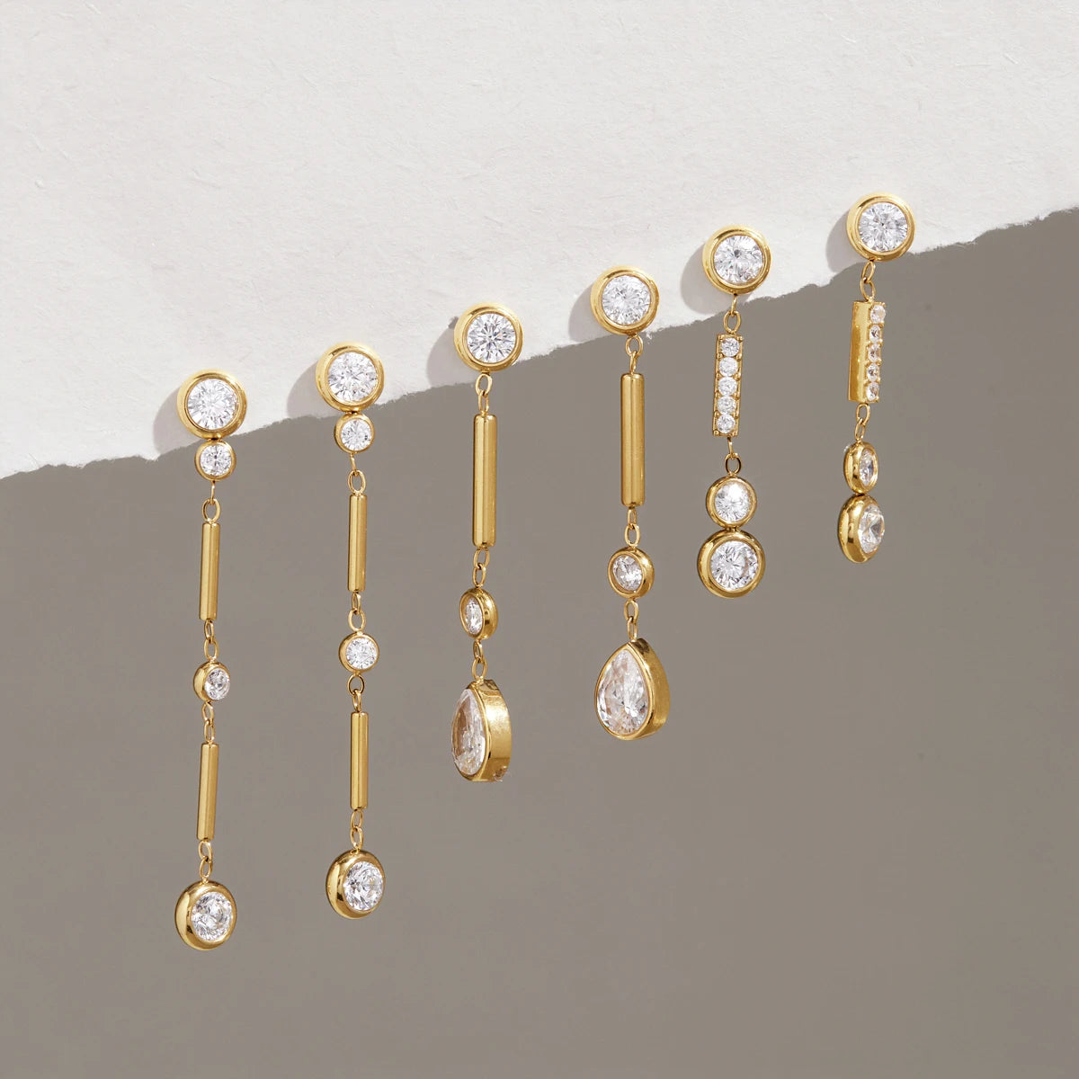 KIKA Elegant Geometric Zircon Long Drop Earrings 18K Gold Plated Stainless Steel 316L
