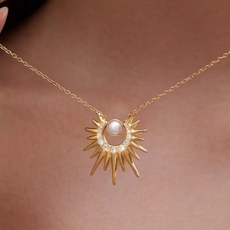 Kika Zircon Acrylic Pearl Sun Pendant Necklace Minimalist 18K Gold Plated Stainless Steel 316L