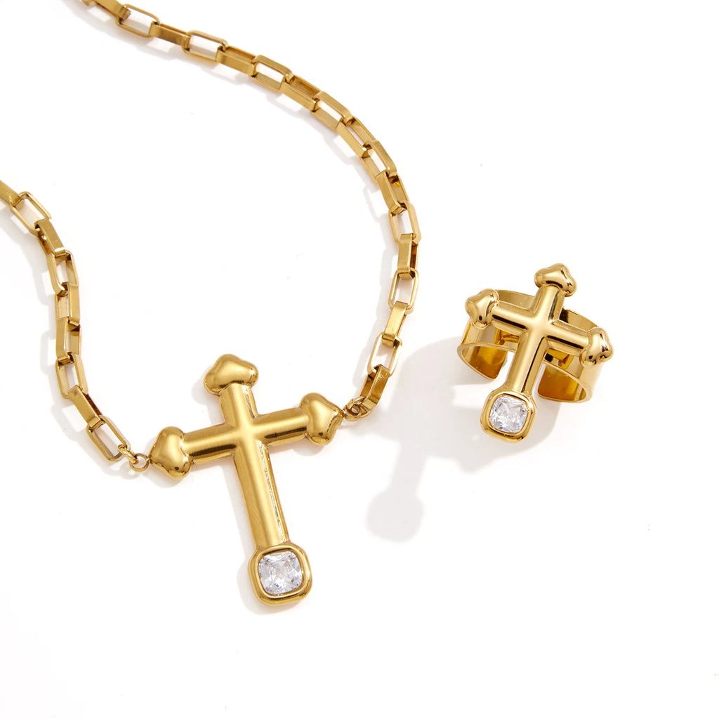 KIKA Square Zircon Cross Necklace Ring Jewelry Set For Women Minimalist 18K Gold PVD Plated Stainless Steel 316L