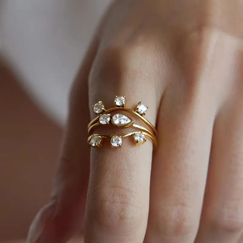 KIKA 3 Pcs/Set Stackable Geometric Zircon Rings For Women Minimalist 18K Gold PVD Plated Stainless Steel 316L