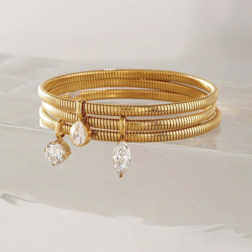 Kika Geometric Zircon Charm Snake Chain Bangle Minimalist 18K Gold PVD Plated Stainless Steel 316L