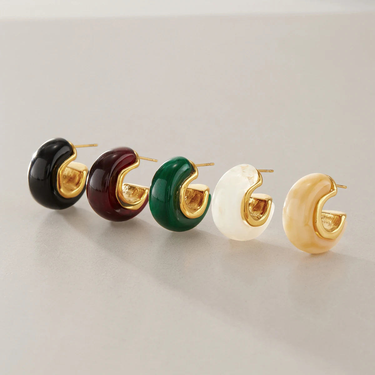 KIKA Vintage Chunky C Shape Resin Stud Earrings For Women 18K Gold PVD Plated Stainless Steel 316L