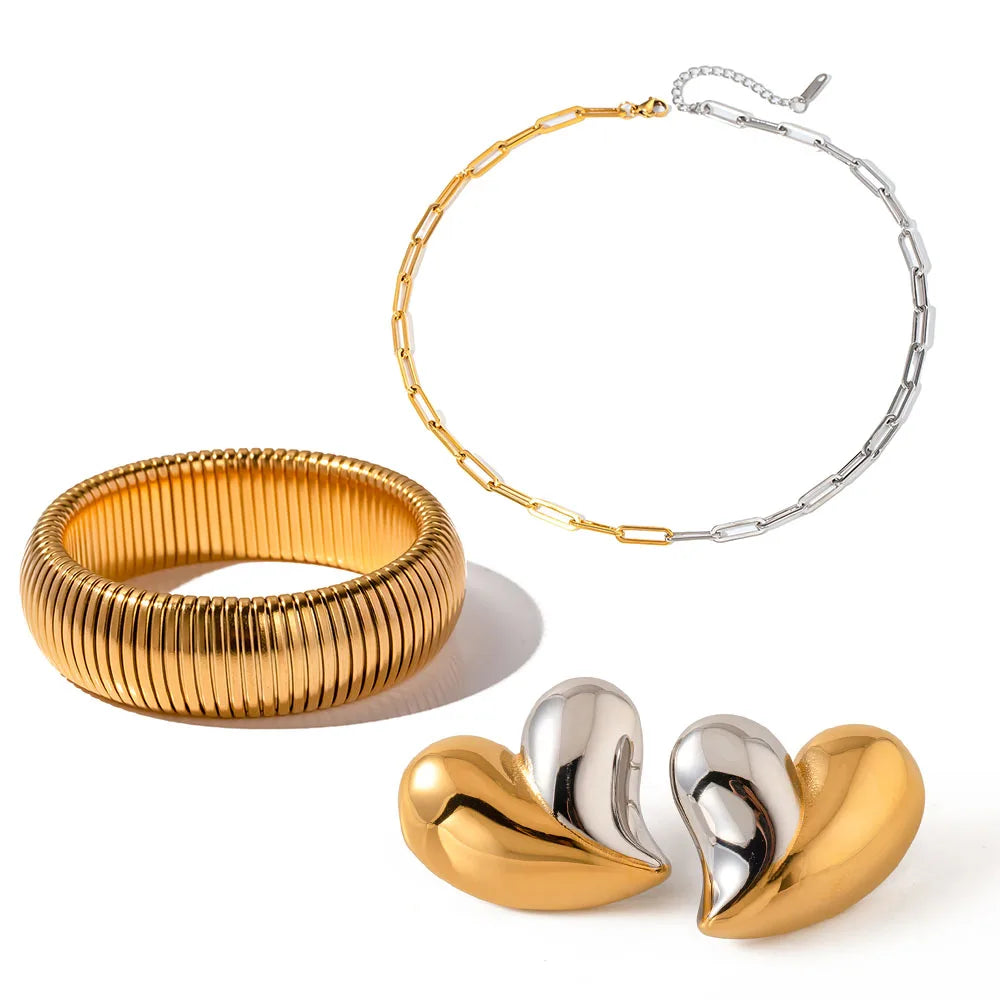Kika 4pcs Two tone Love Earrings Texture Bracelet Color blocked Necklace Chain Women's Jewelry Gift for Her