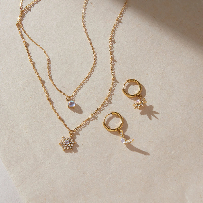 KIKA Moonstone Crystal Star Necklace Earrings  Gold PVD Plated Stainless Steel 316L