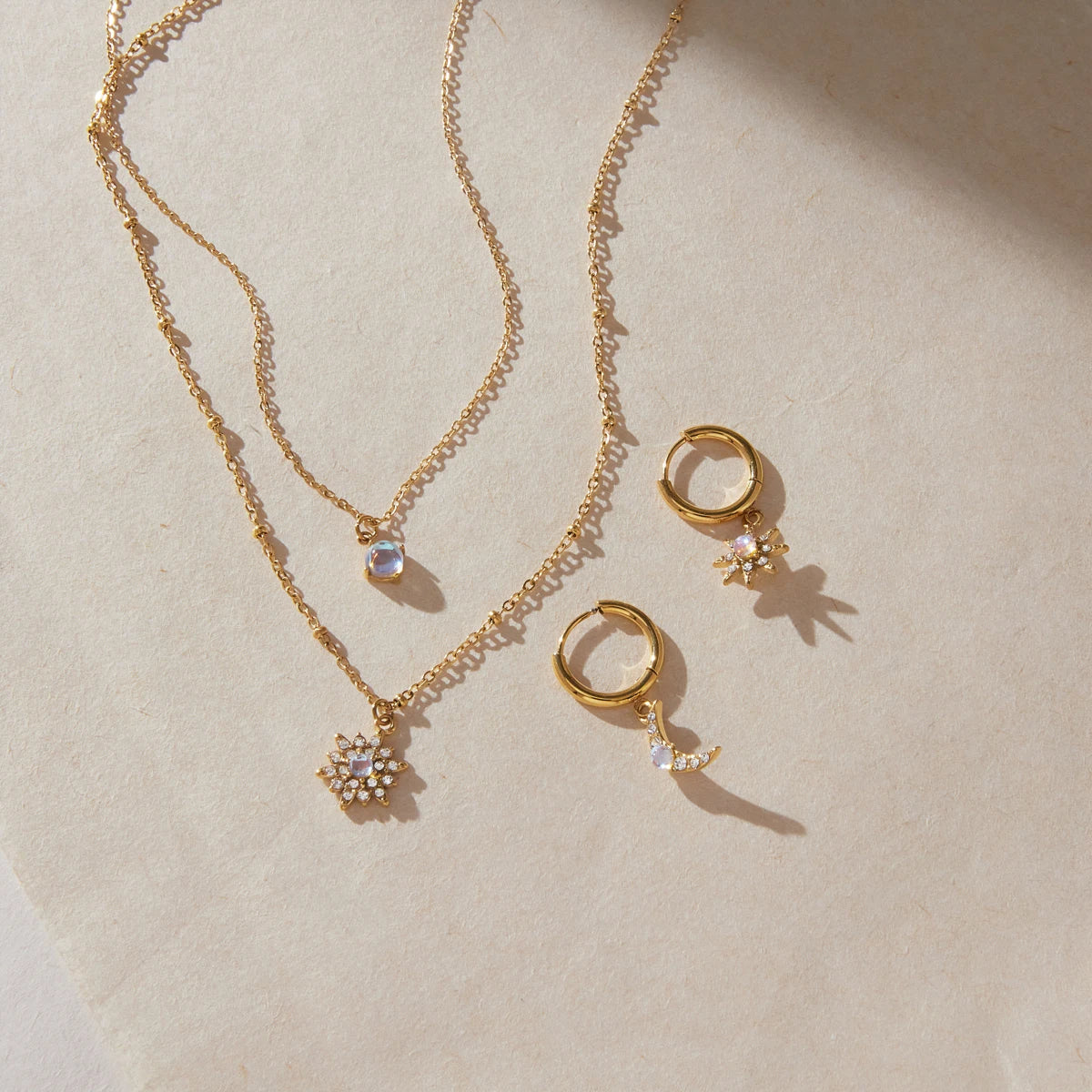 KIKA Moonstone Crystal Star Necklace Earrings  Gold PVD Plated Stainless Steel 316L