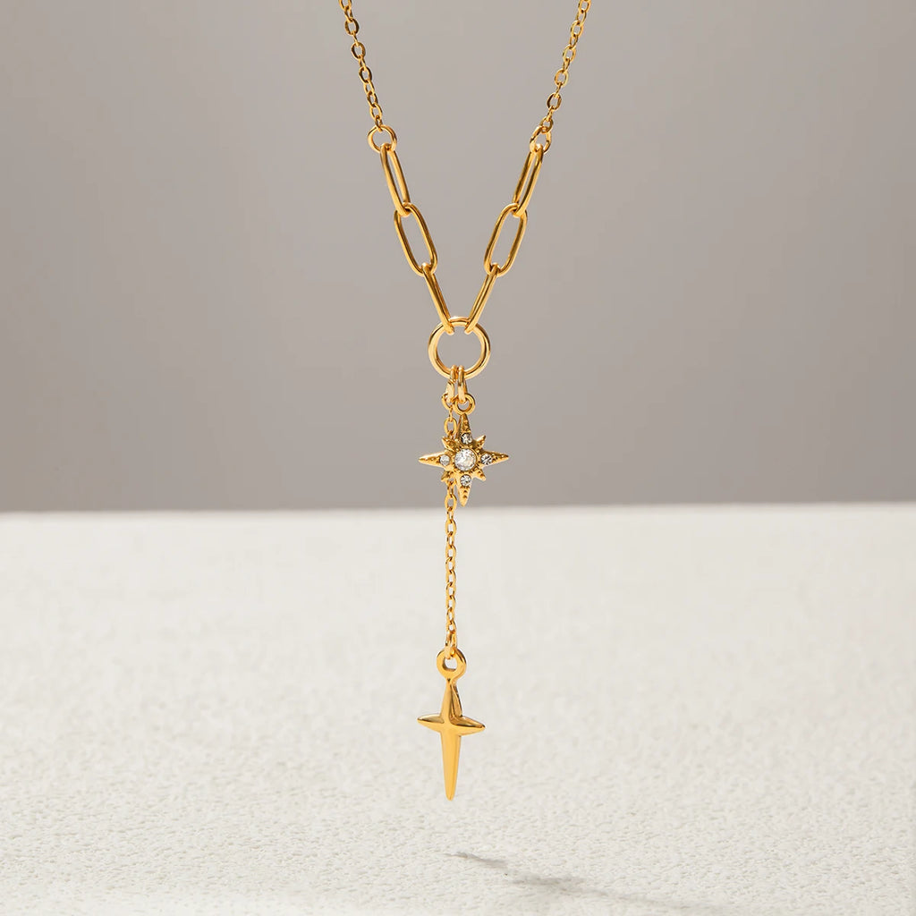 Kika Simple Classic  Rhinestone Smooth Four Star Pendant Necklace