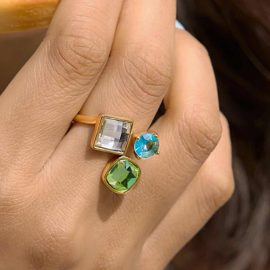KIKA Delicate Square Yellow Blue White Spliced Zircons Open Ring PVD Plated Stainless Steel 316L
