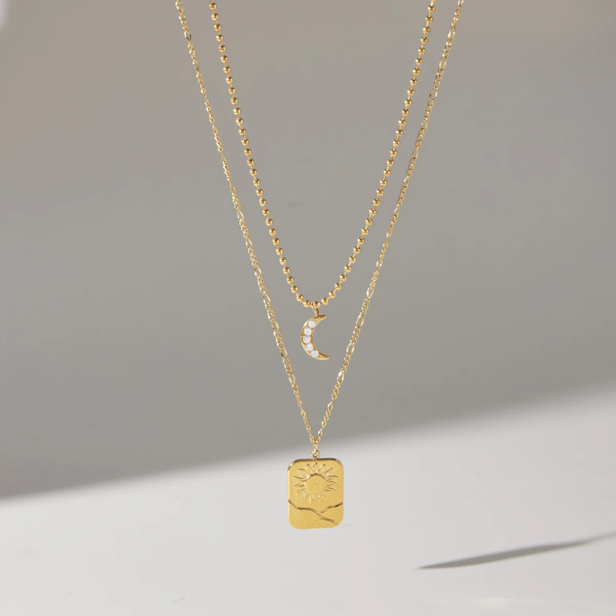Kika Delicate Moon Sun Double-Layer Chain Bead Chain Multi-Layer Necklace