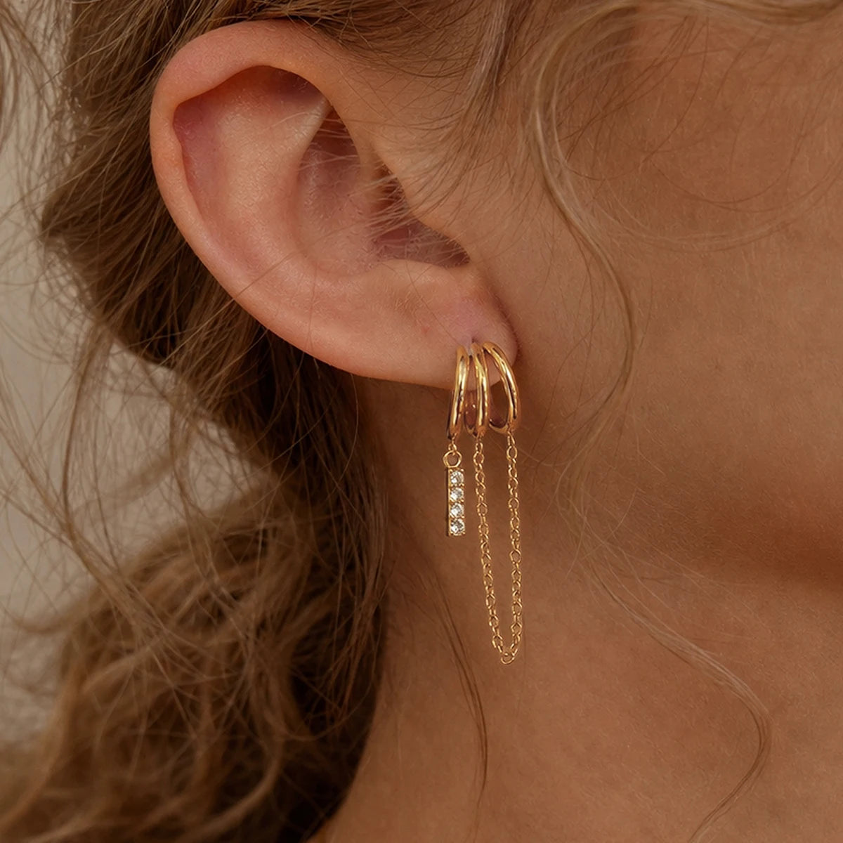 Kika Geometric Zircon Pendant Chains Tassel Earrings