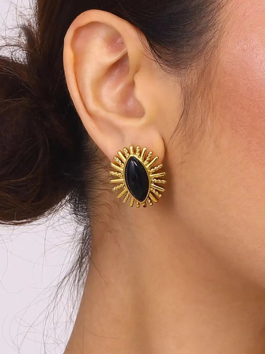 Black Stone Earrings Statement Golden Metal