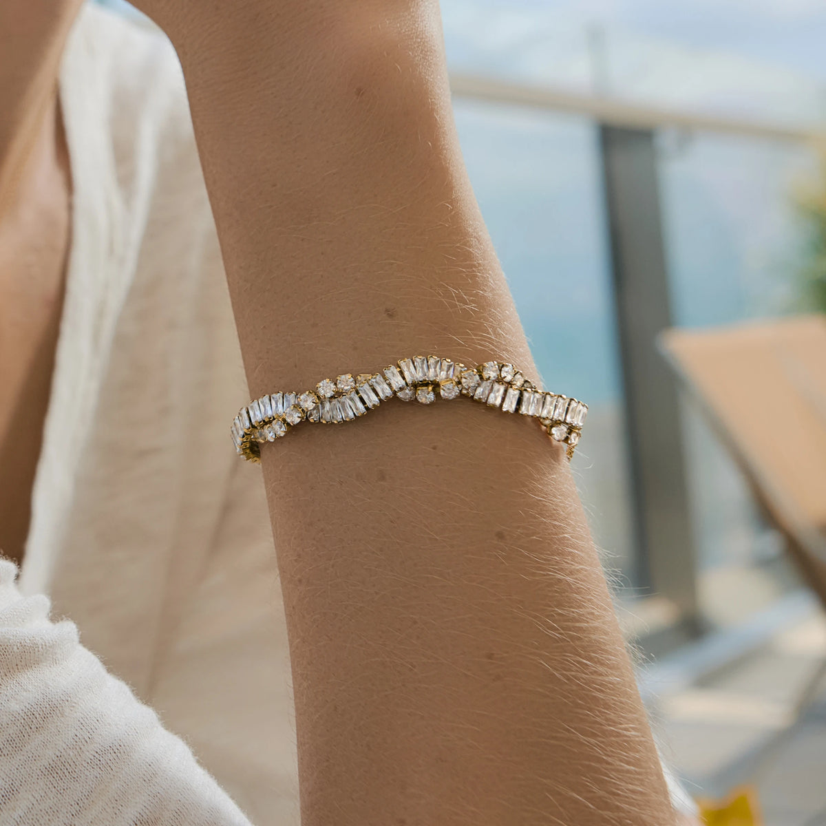 KIKA Delicate White Double-Layer Geometric Square Circular Zircons Winding Bracelet  Stainless Steel 316L