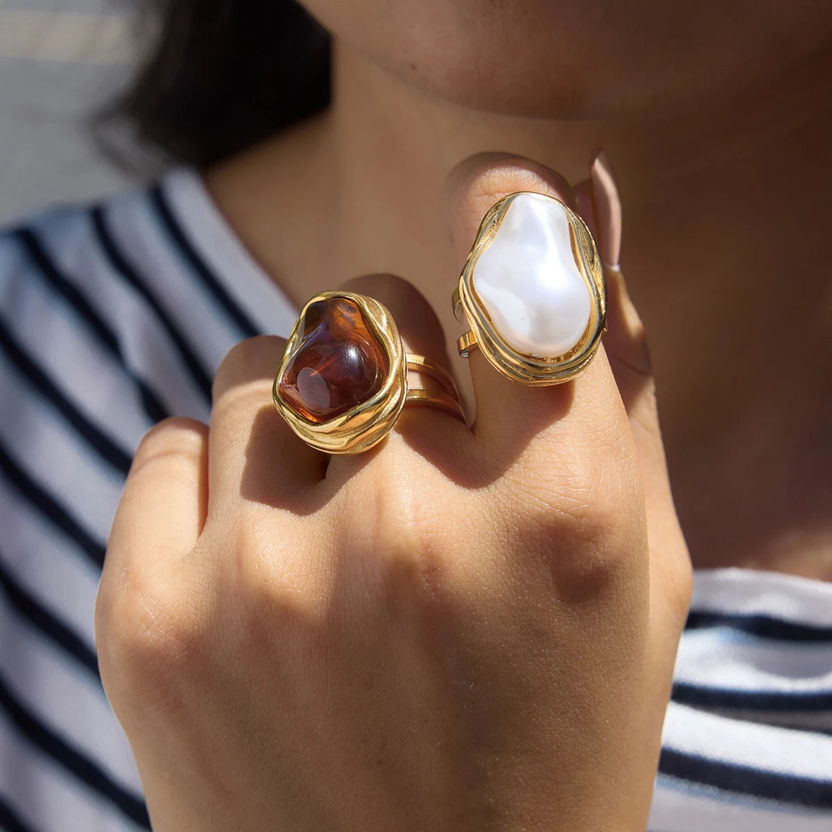 KIKA Chunky Imitation Baroque Pearl Resin Open Rings For Women 18K Gold PVD Plated Stainless Steel 316L