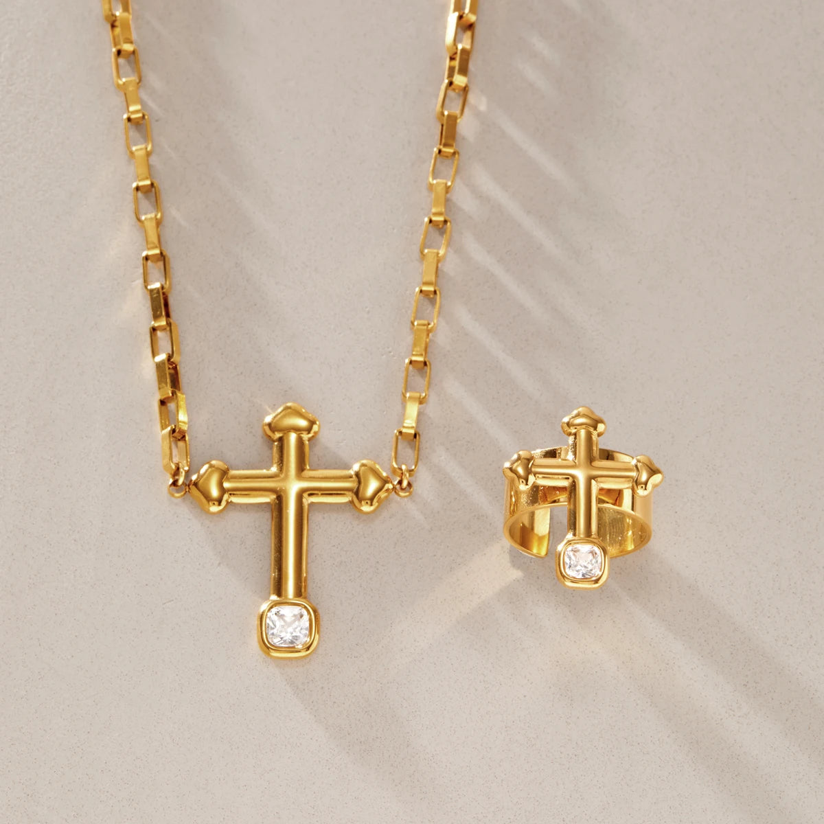 KIKA Square Zircon Cross Necklace Ring Jewelry Set For Women Minimalist 18K Gold PVD Plated Stainless Steel 316L