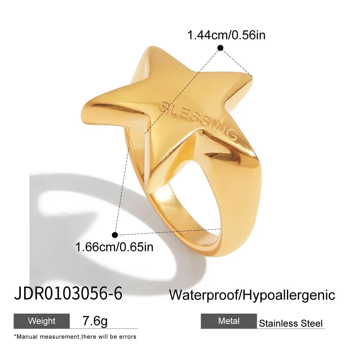 KIKA Unique Designer 18K Gold Color PVD  Plated Stainless Steel 316L Rhinestone Pentagram Rings Stackable