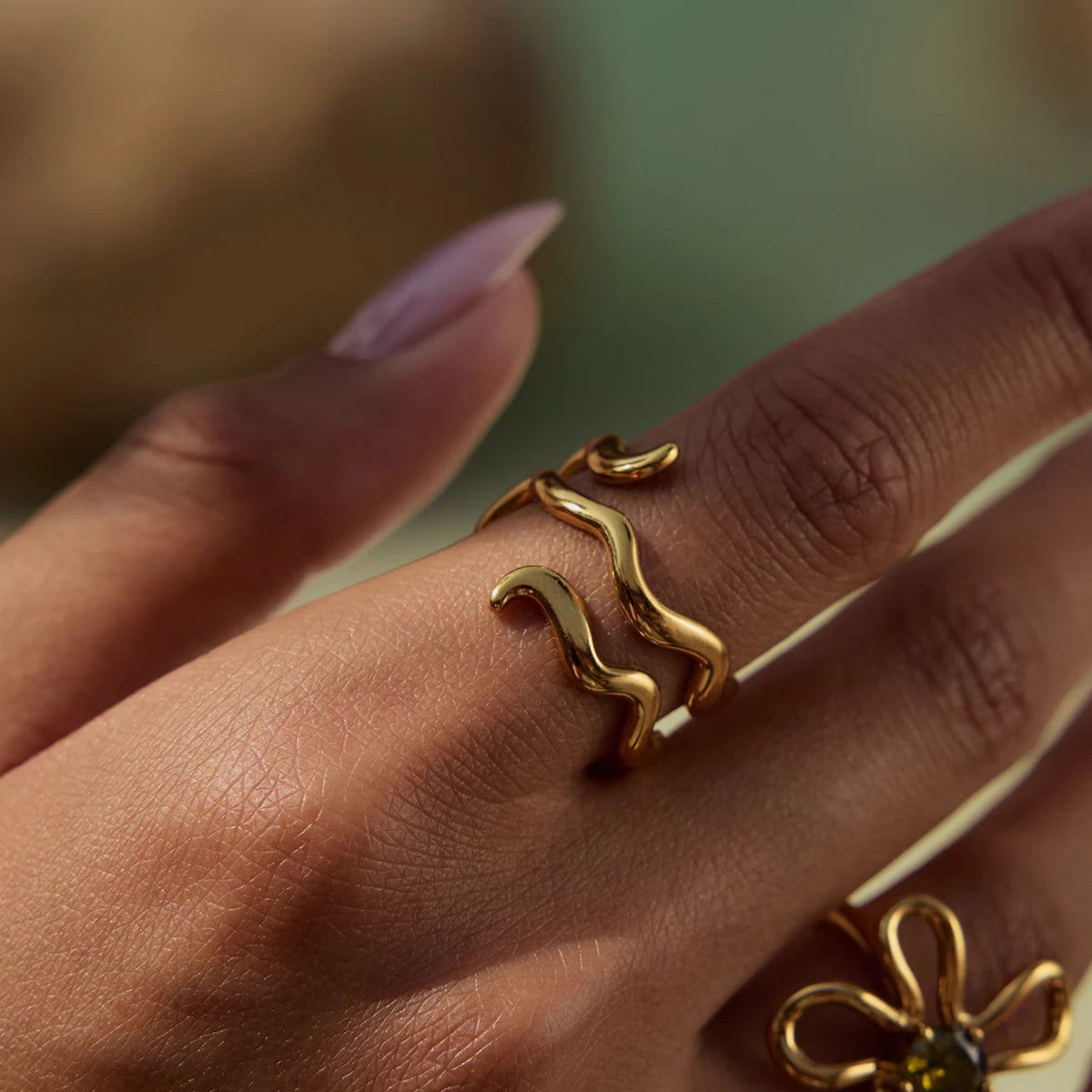 KIKA Minimalist 18K Gold Color PVD Plated Stainless Steel 316L Double Layer Wave Ring Three Layer Line Stackable Ring