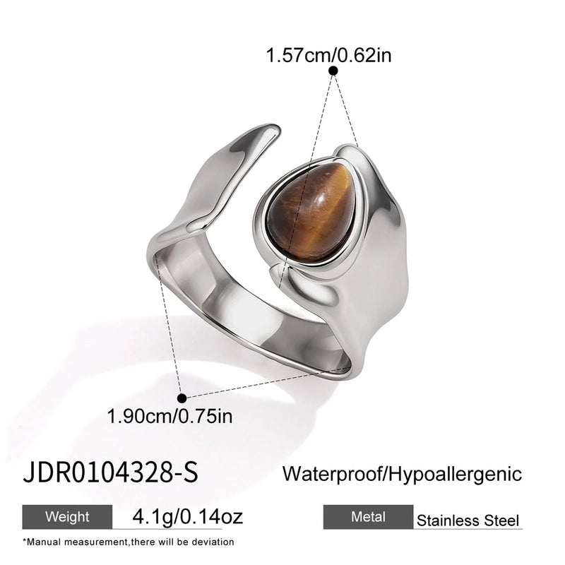 KIKA Vintage Water Drop Shape Tiger Eye Stone Open Rings 18K Gold PVD Plated Stainless Steel 316L