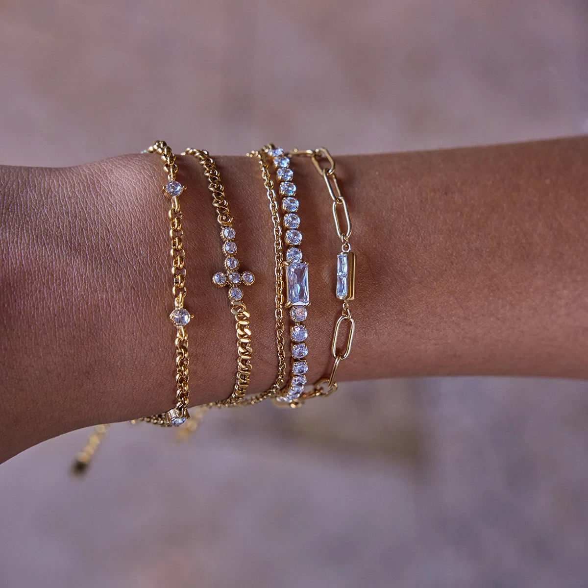 KIKA Minimalist Classic 18K Gold Color PVD Plated Inlay White Zircon Bracelets Waterproof Stainless Steel 316L