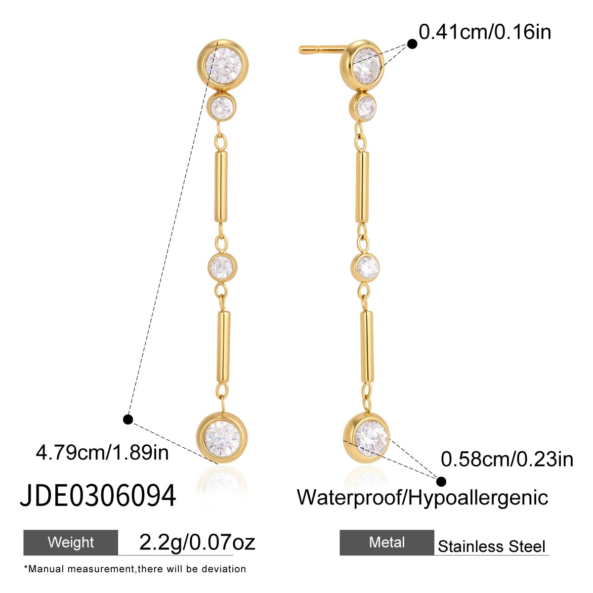 KIKA Elegant Geometric Zircon Long Drop Earrings 18K Gold Plated Stainless Steel 316L