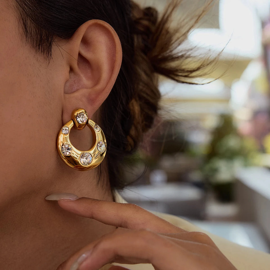 Kika Fashion Zircon Large Earrings 18K Gold Color Plated Stainless Steel Door Handle Earrings