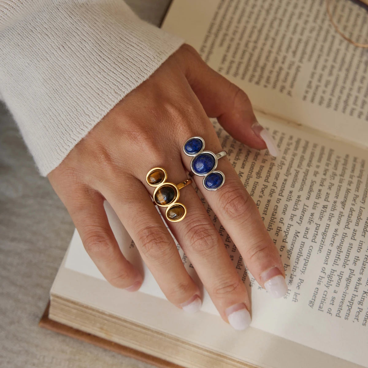 KIKA Vintage Tiger Eye Lapis Lazuli Stone Open Rings For Women 18K Gold PVD Plated Stainless Steel Rings Fashion Jewelry Gift