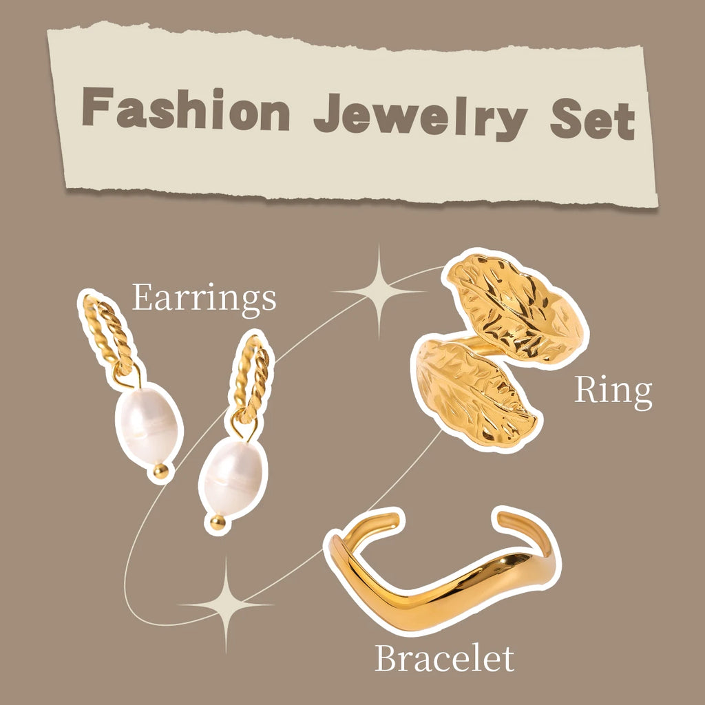 Kika Exquisite 4pcs Pearl Earrings Leaf Rings Irregular Bracelets Women's Set