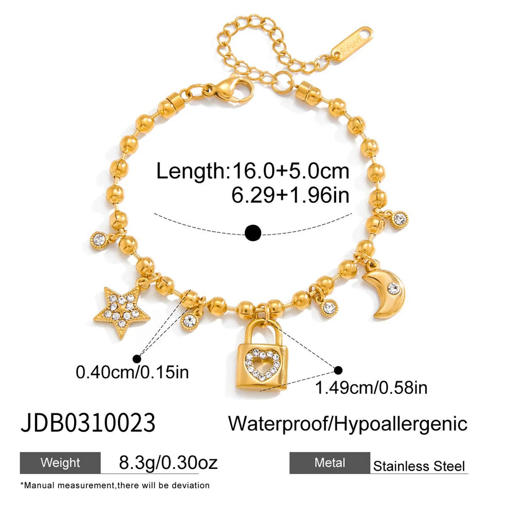 Kika White Rhinestone Star Heart-Shaped Hollow Lock Moon Pendant Bracelet