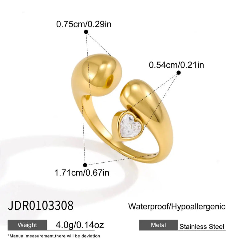 KIKA Delicate Heart Shaped White Zircon Open Ring  PVD Gold Plated Stainless Steel 316L