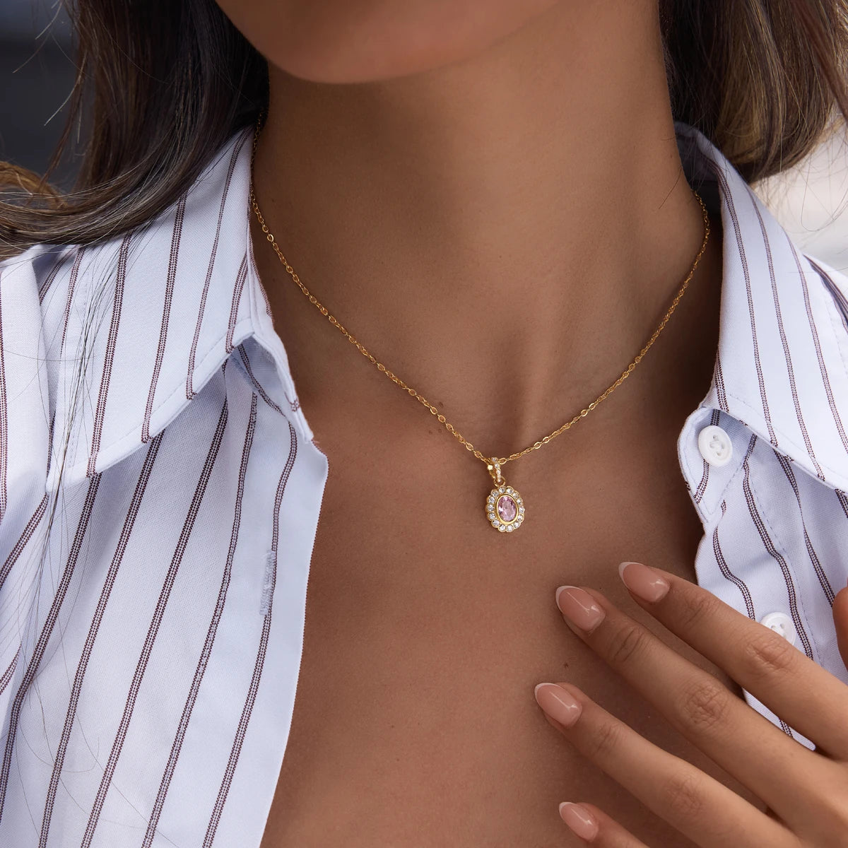 KIKA White Pink Zircon Pendant Necklace PVD Plated Stainless Steel 316L