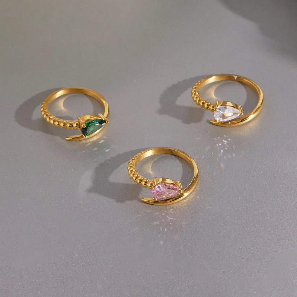 KIKA Water Drop Zircon Snake Shape Open Rings 18K Gold PVD Plated Stainless Steel 316L