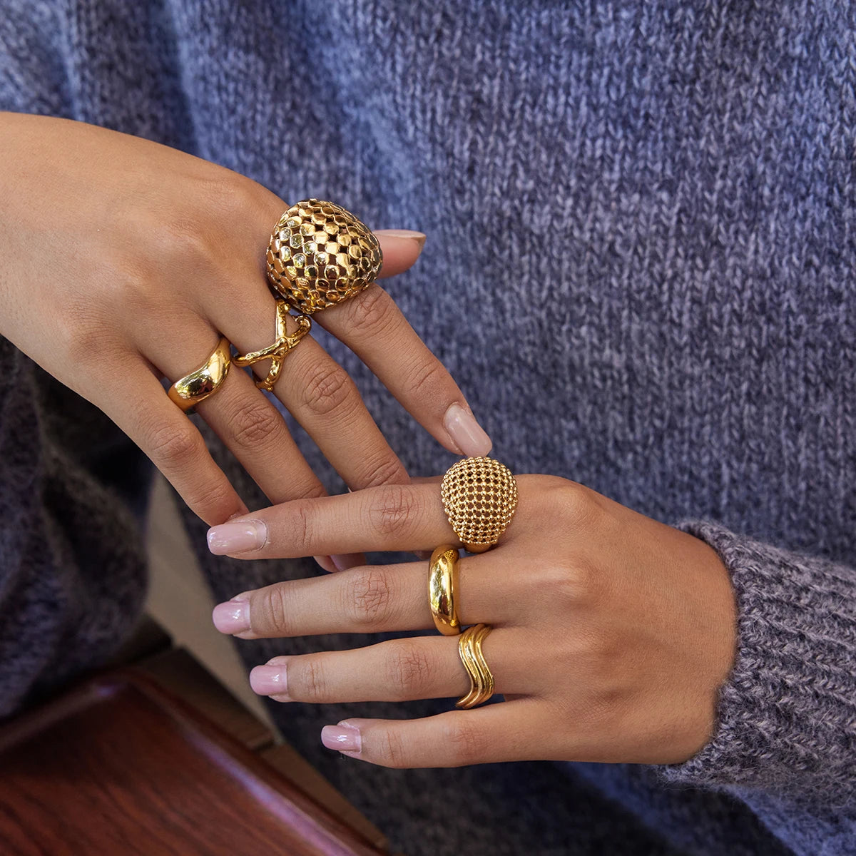 KIKA Unique Designer PVD Plated Mesh Hollow Spherical Exaggerated Rings Waterproof Stainless Steel 316L