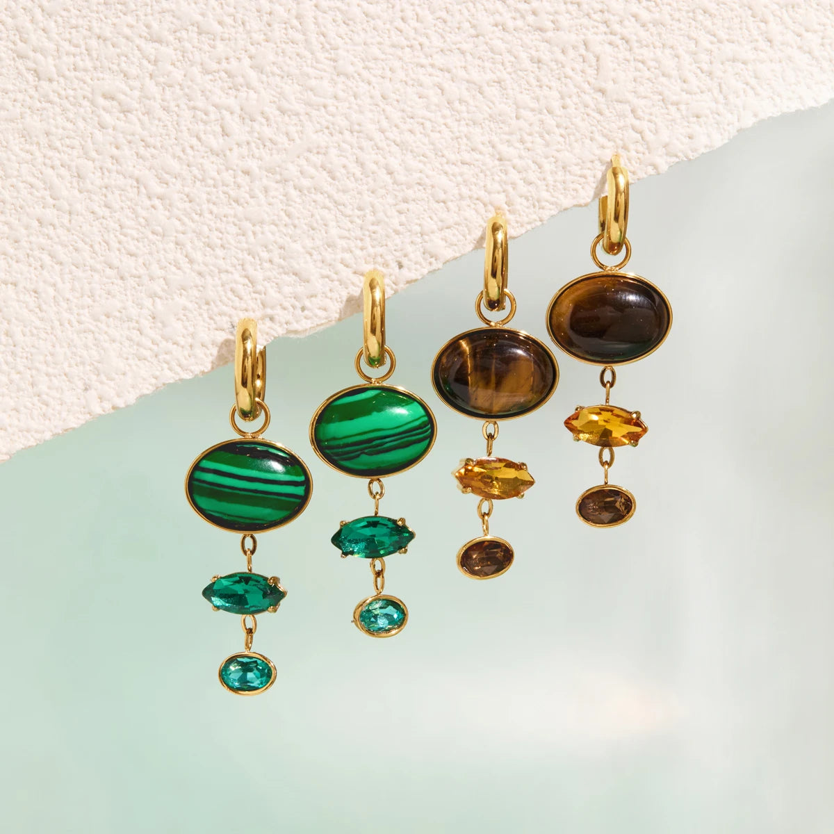 KIKA Malachite Tiger Eye Stone Crystal Drop Earrings For Women 18K Gold PVD Plated Stainless Steel Earrings Fashion Jewelry