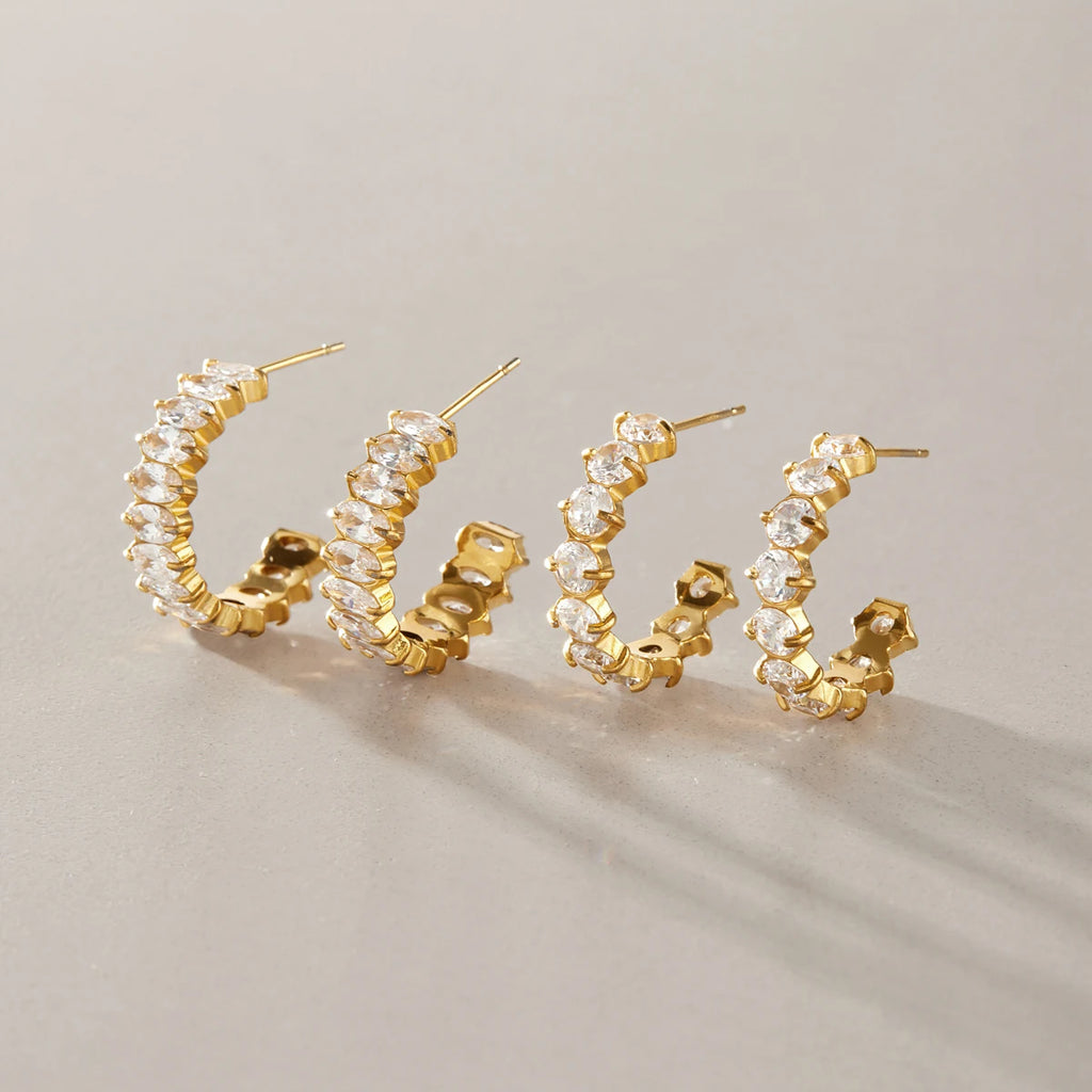 Kika Iced Out Geometric Zircon C Shape Stud Earrings 18K Gold Plated Stainless Steel 316L