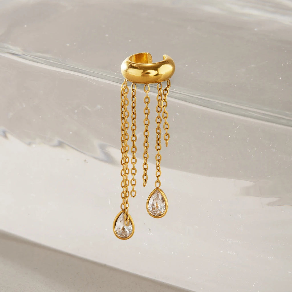 KIKA 1 PC Water Drop Zircon Chains Tassel Non-piercing Ear Clip 18K Gold Plated Stainless Steel 316L