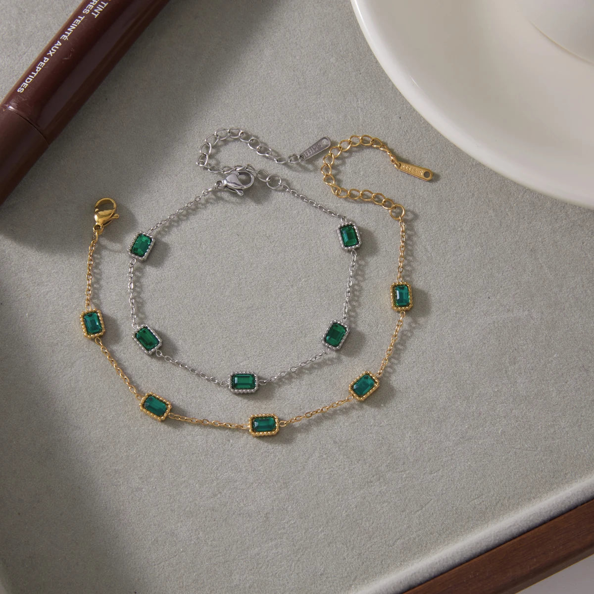 KIKA Elegant Green Zircon Chain Bracelet PVD Plated Stainless Steel 316L