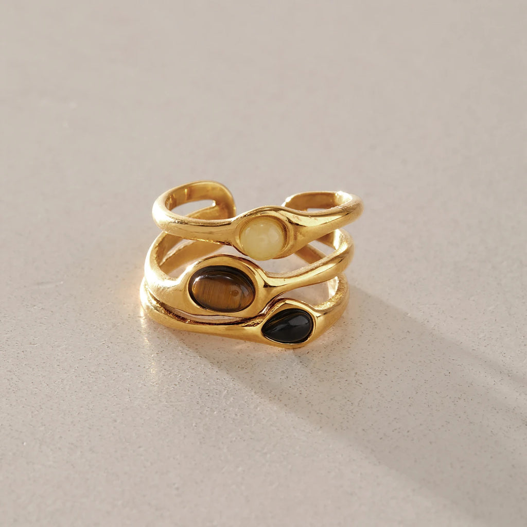 KIKA Vintage Black Agate Tiger Eye Natural Stone Open Rings For Women 18K Gold Plated Stainless Steel Rings Fashion Jewelry