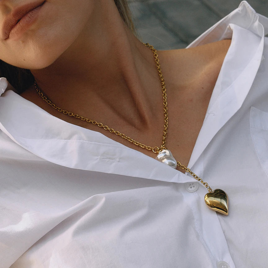 Kika Classic Trendy 18K Gold Color Plated Irregular Pearl Heart Pendant Tassel Y-Shape Necklace