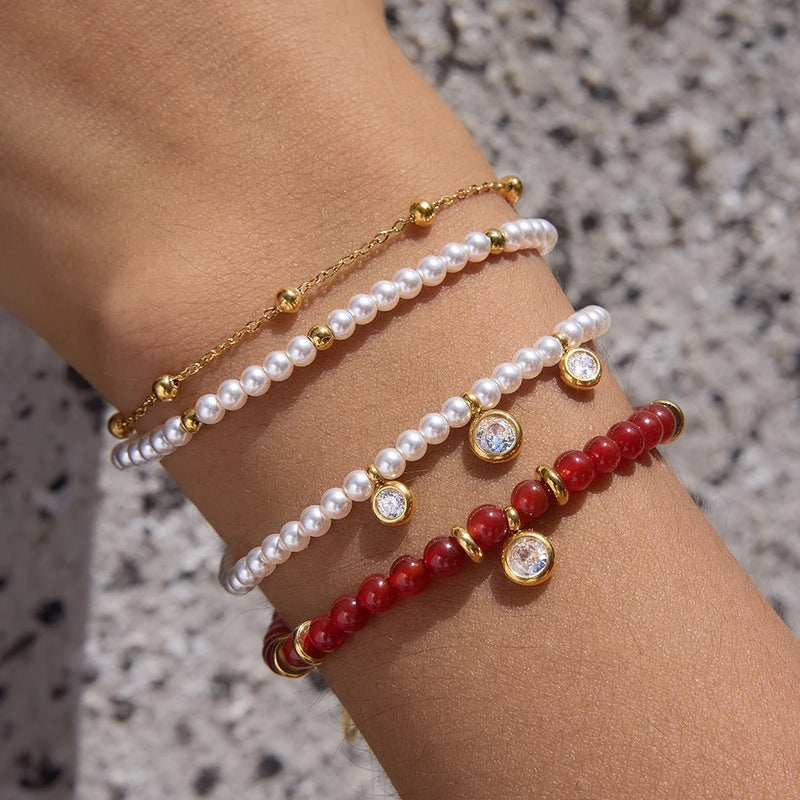 KIKA  Red Agate Stone Imitation Pearl Beaded Bracelet  18K Gold Plated Stainless Steel 316L