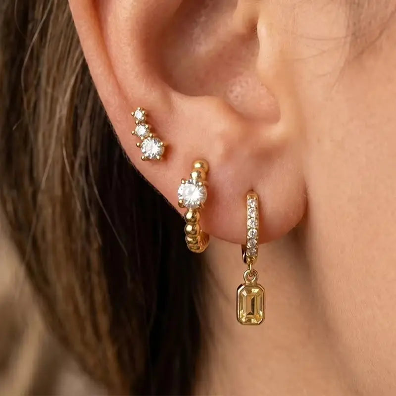 KIKA3 Pcs/Set Geometric Zircon Earrings PVD Gold Plated Stainless Steel316L