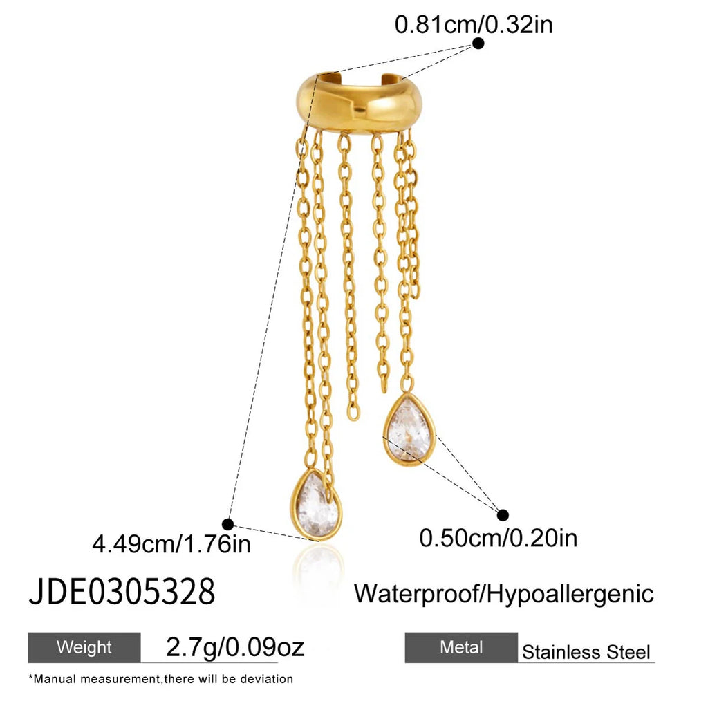 KIKA 1 PC Water Drop Zircon Chains Tassel Non-piercing Ear Clip 18K Gold Plated Stainless Steel 316L