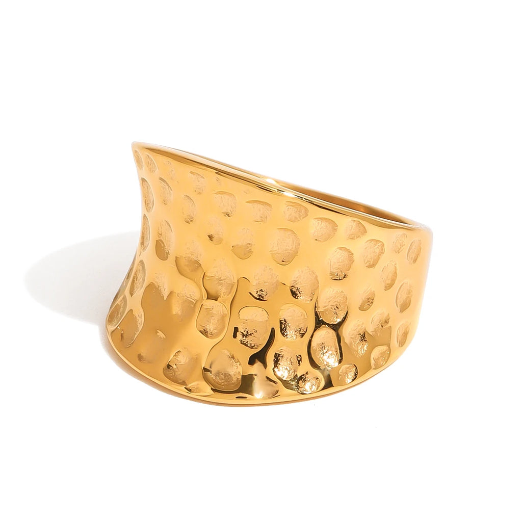 Kika Exaggerated Wide Hammered Concave Ring 18K Gold Color Waterproof Fashion Minimalist Statement Charm Jewelry Women