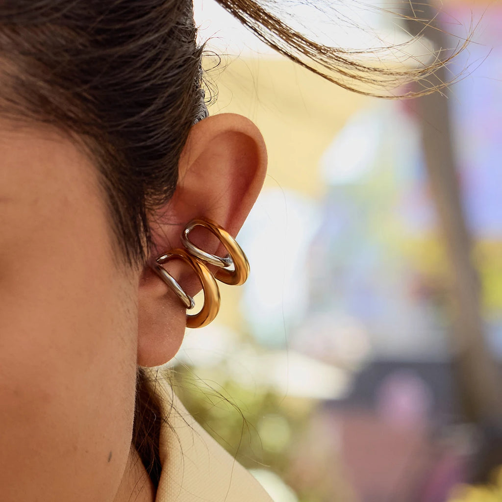 KIKA Fashion Two Tone Cross Geometric Line Earclip Stainless Steel 316L Stackable Earclip