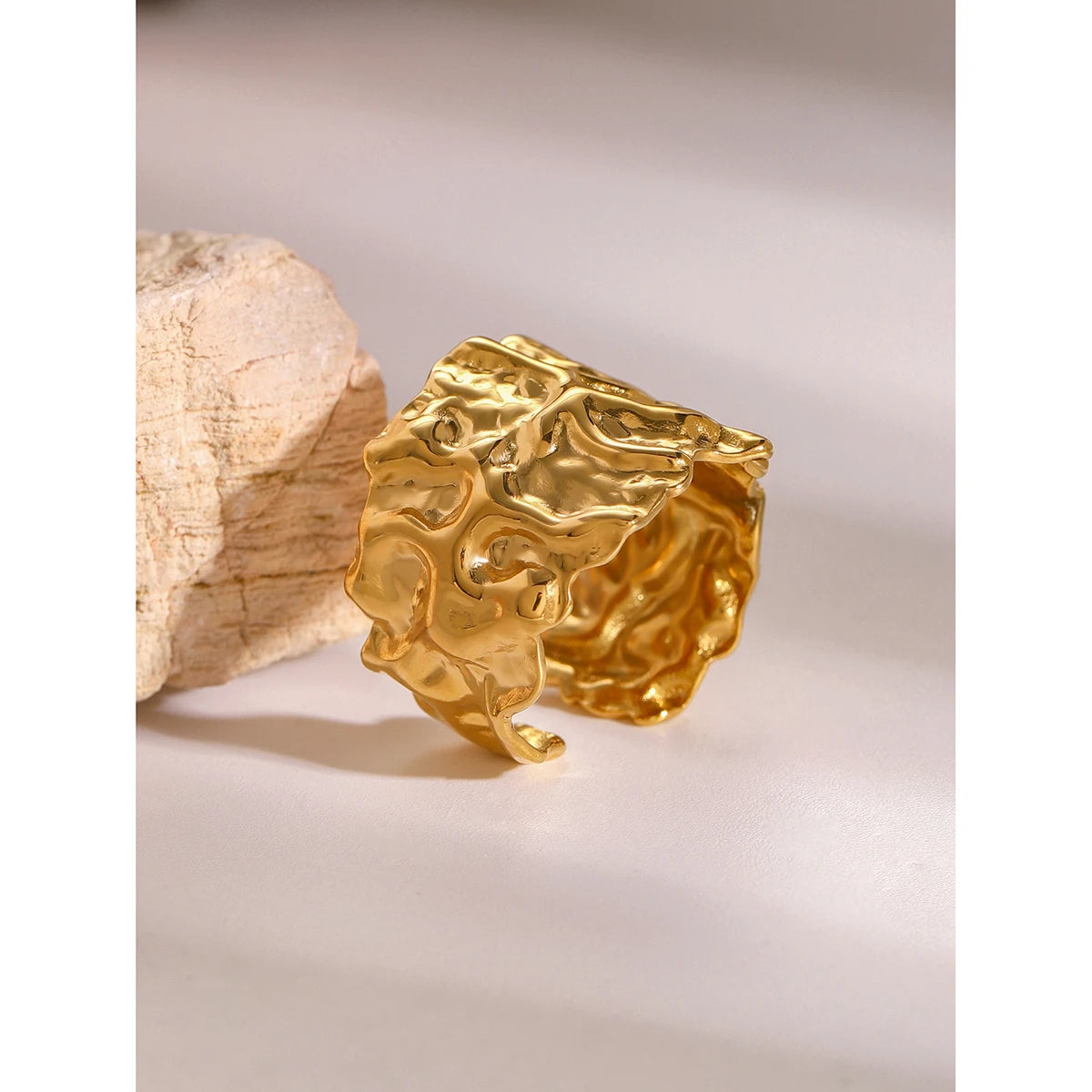 kika Stainless Steel With 18k Gold Color Plated Hammered Wide Open Ring